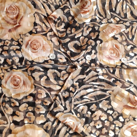 Fitting Image Sheer Button Up Rose Animal Print Tunic Gold Black Size 18 - Picture 10 of 11